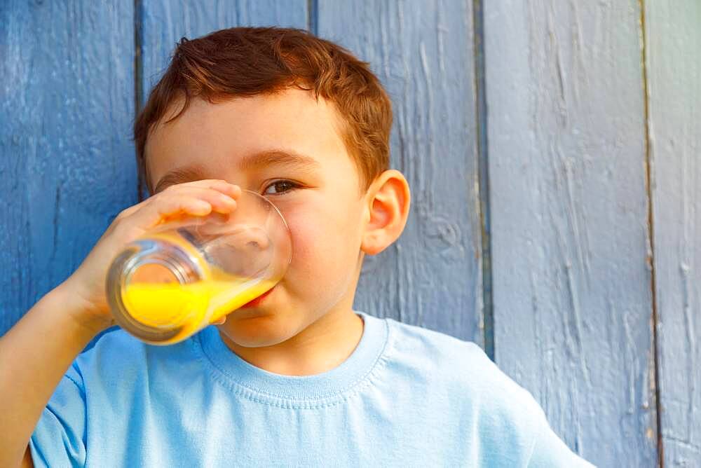 Child little boy drinking orange juice juice drinking glass, Germany, Europe