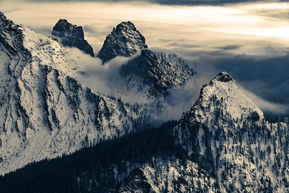 Snow-covered mountain peaks of the Bosconero group at blue hour, Forno, Val di Zoldo, Dolomites, Veneto, Italy, Europe