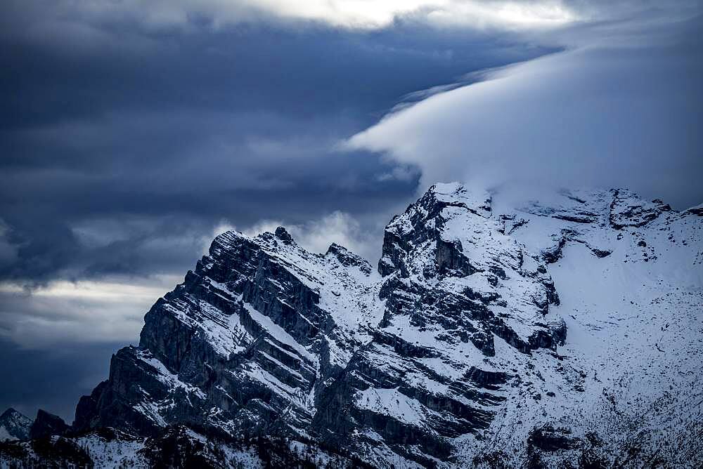 Snowy, cloudy ridge of the Civetta Group, Zoldo Alto, Val di Zoldo, Dolomites, Italy, Europe