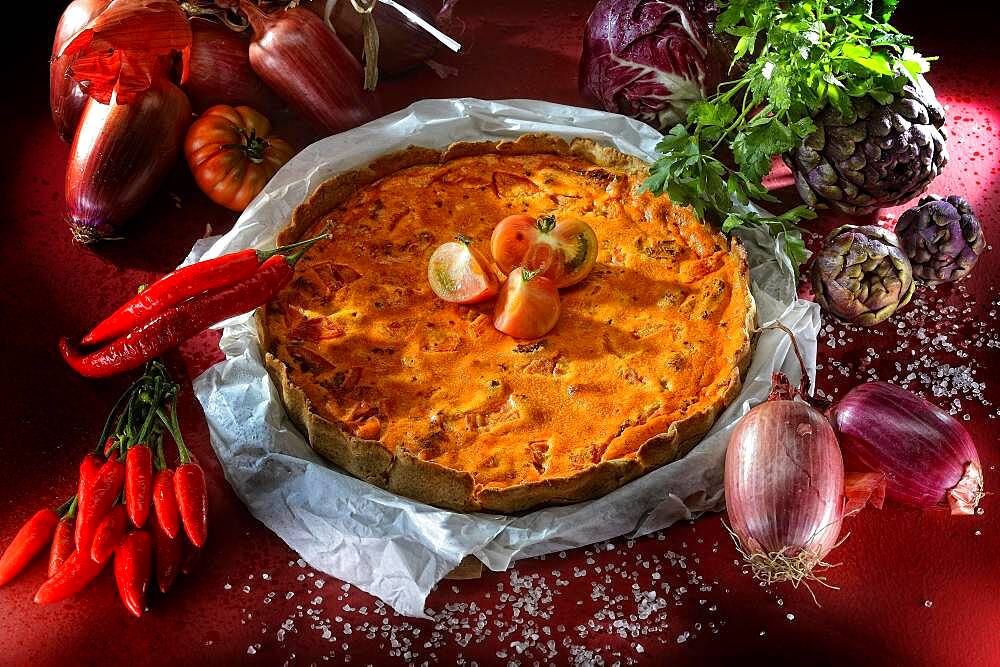 Quiche with tomatoes, red vegetable cake