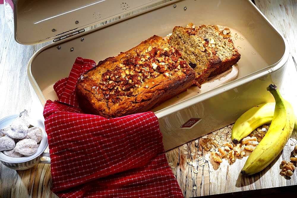 Baked fresh banana bread in bread box