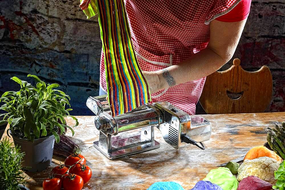 Pasta machine with fresh coloured pasta dough, Germany, Europe