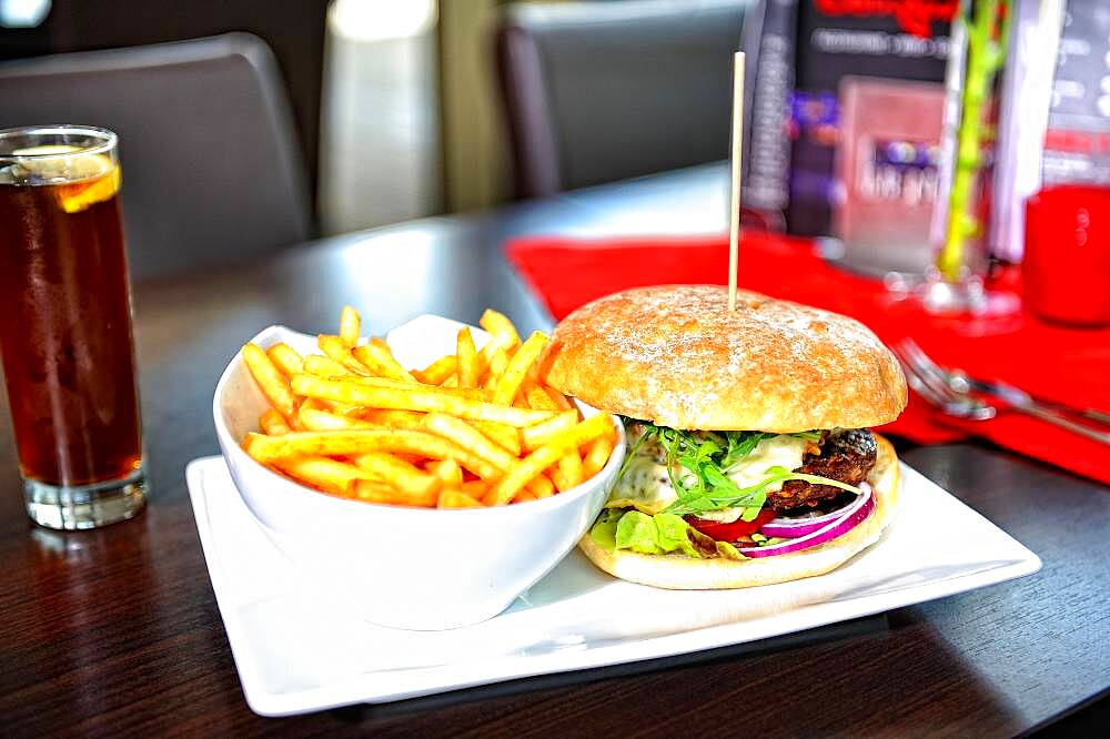 Burger with fries, grilled beef burger