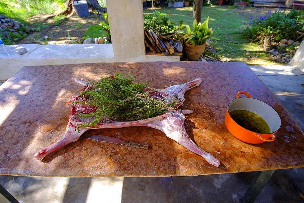 Whole lamb marinating in oil rub and rosemary for asado, in Altea La Vella, Alicante, Spain, Europe