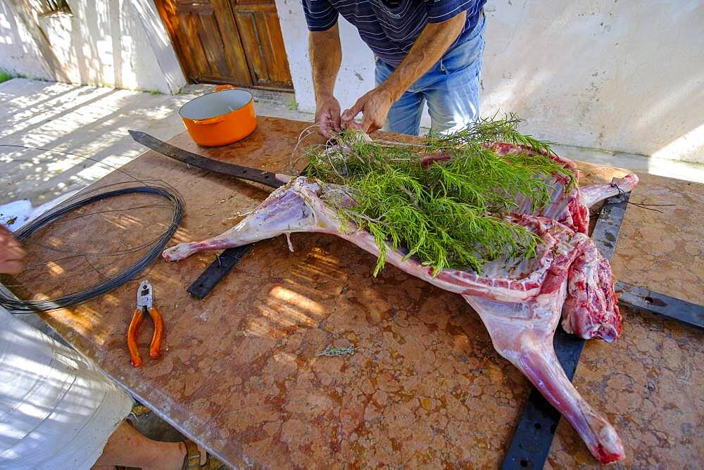 Whole lamb marinating in oil rub and rosemary for asado, in Altea La Vella, Alicante, Spain, Europe