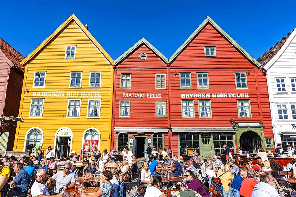 Open air cafes, Bryggen, series of Hnaseatic buildings, Unesco world heritage site, Bergen, Norway, Europe