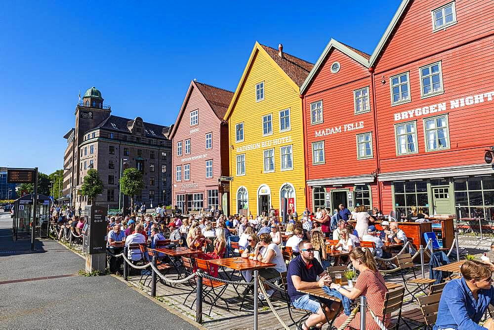 Open air cafes, Bryggen, series of Hnaseatic buildings, Unesco world heritage site, Bergen, Norway, Europe