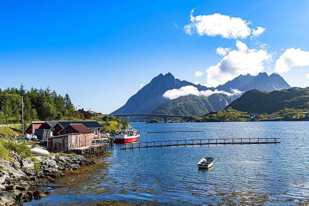 Little fish hamlets along a fjord, Lofoten, Norway, Europe