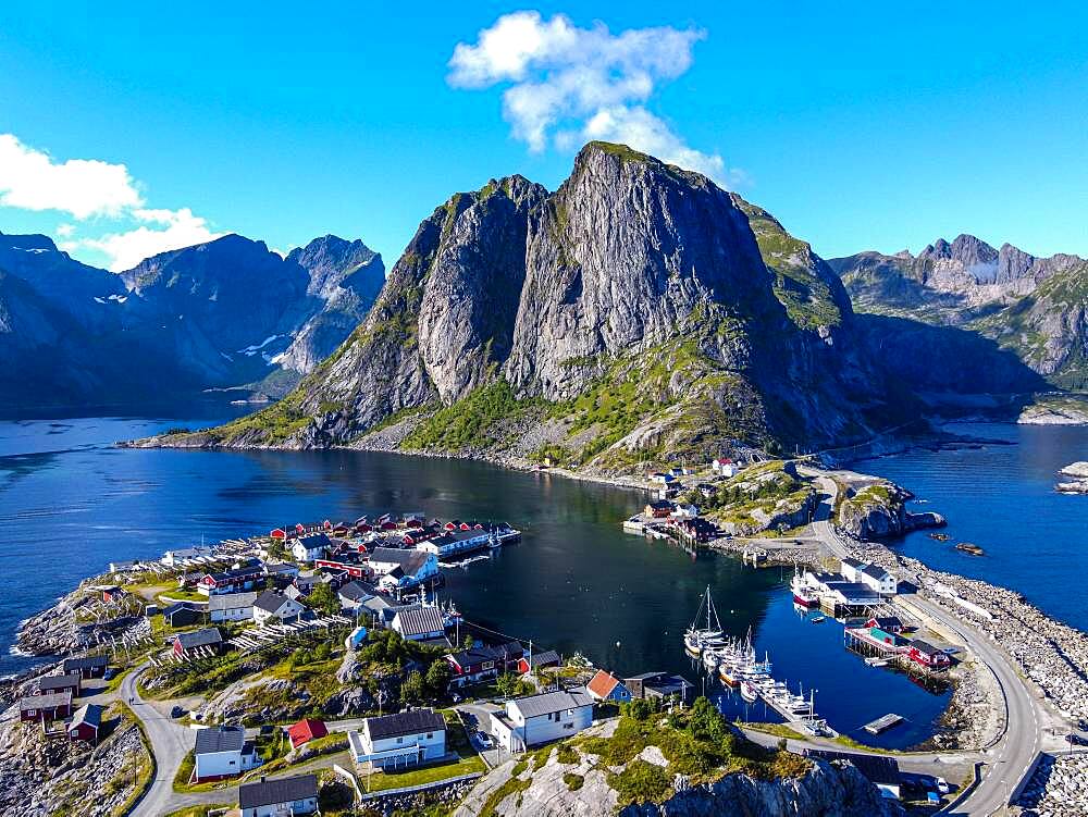 Aerial of Reine and Reinefjord, Lofoten, Norway, Europe