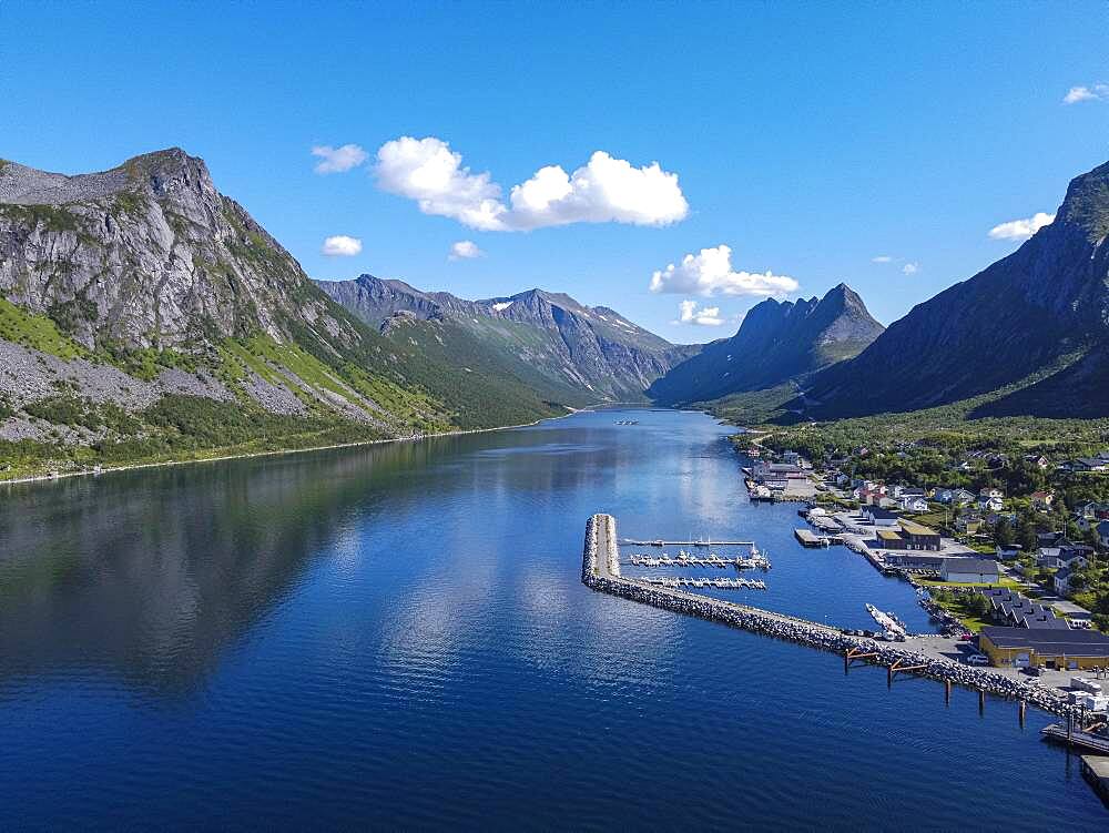 Aerial of Gryllefjord, Senja, Senja scenic road, Norway, Europe