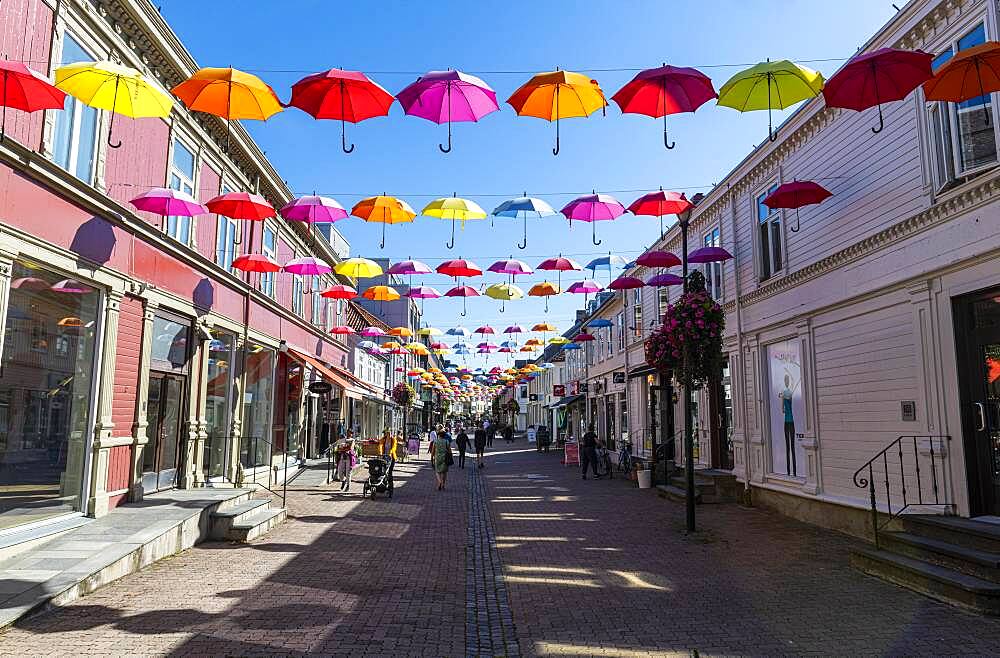 Open Umbrellas hanging over the pedestrian zone of Trondheim, Norway, Europe