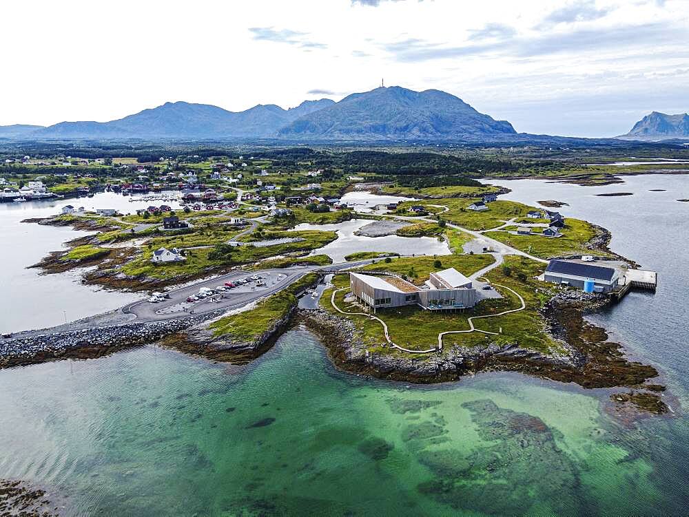 Aerial of the tourist information center, Unesco world heritage site, the Vega Archipelago, Norway, Europe