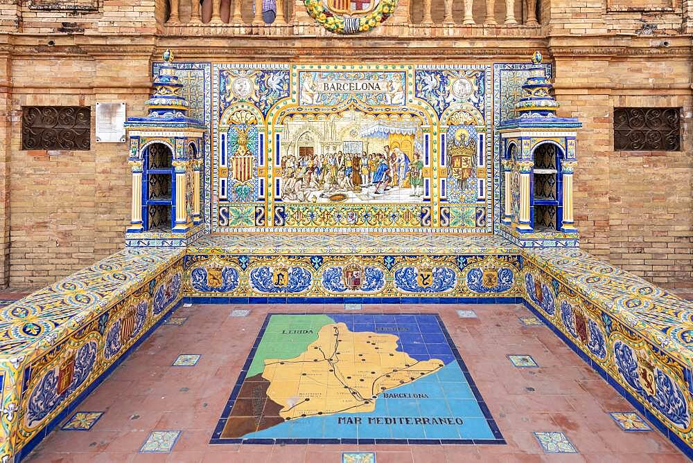 Azulejo tiles mosaic pictures, image of the city of Barcelona, Plaza de Espana, Seville, Andalusia, Spain, Europe