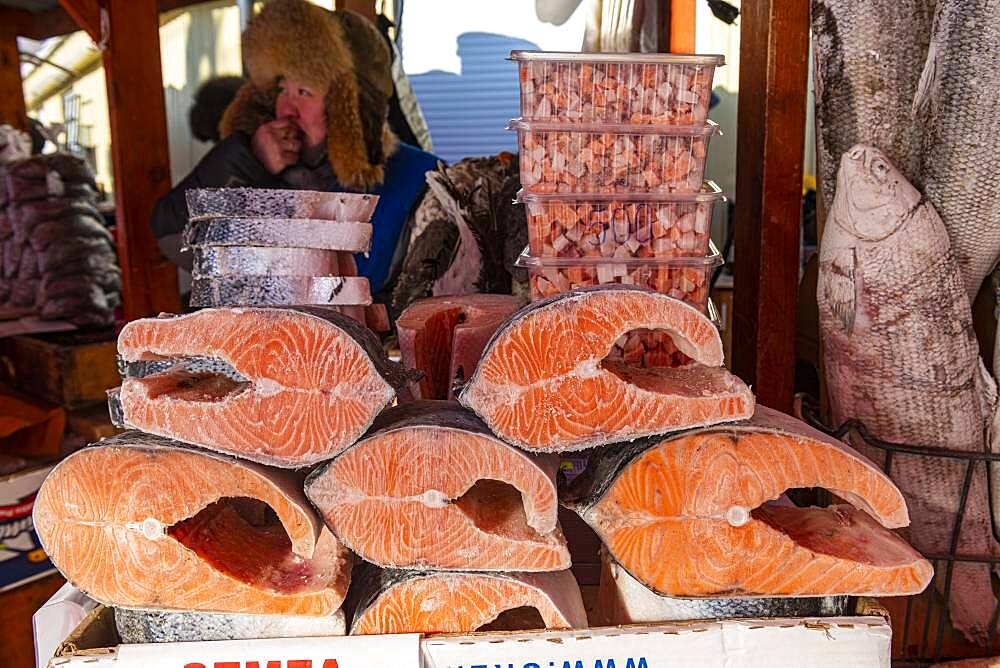 Salmon frozen pieces at the Fish and meat market, Yakutsk, Sakha Republic, Russia, Europe