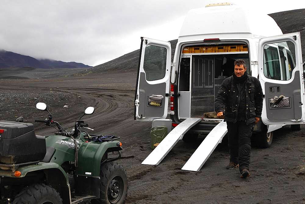 ATV is loaded into Sprinter, ATV rider, biker, quad, Yamaha Grizzly, Mercedes Sprinter camper, camper, ramps, lava desert Krepputunga, highland road Austurleio, Asturleid, F 910, highlands, central Iceland, Iceland, Europe