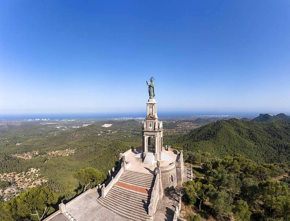 Aerial view Santuari de Sant Salvador monastery, Puig de Sant Salvador, near Felanitx, Migjorn region, Majorca, Balearic Islands, Spain, Europe