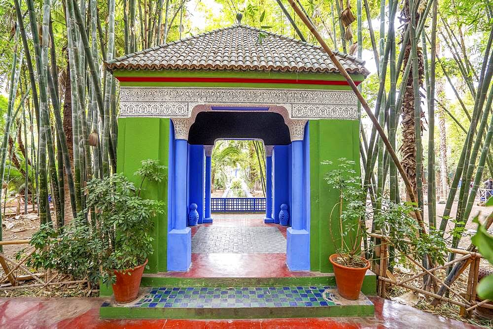 Marrakech, Morocco, January 15, 2020: Gazebo in beautiful Majorelle Garden established by Yves Saint Laurent in Marrakech, Morocco, Africa