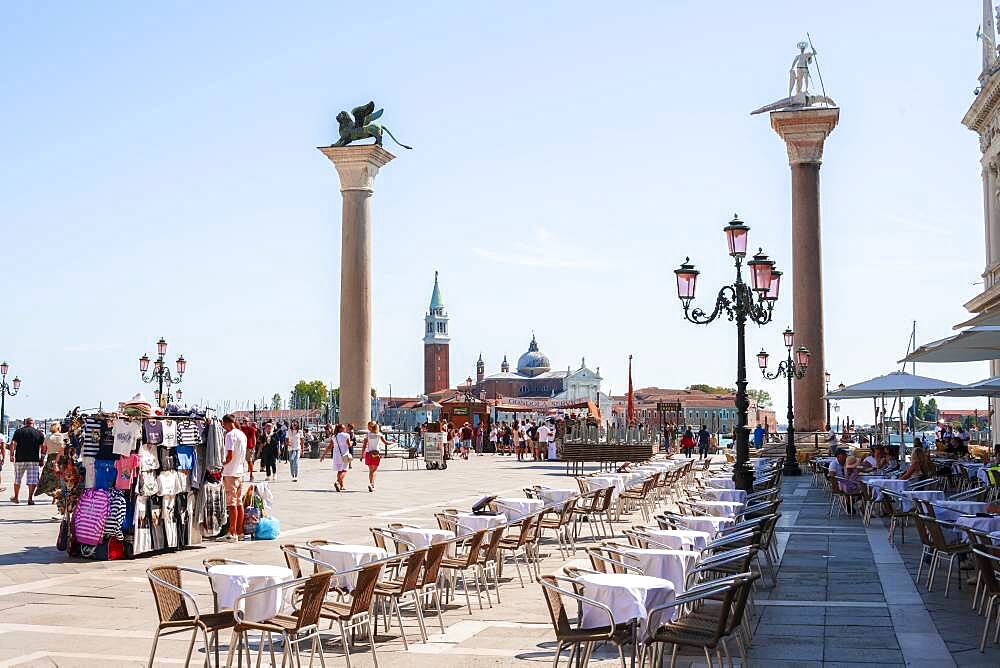 Columns with Marcus Lion, St. Mark's Square Restaurant, Venice, Veneto, Italy, Europe