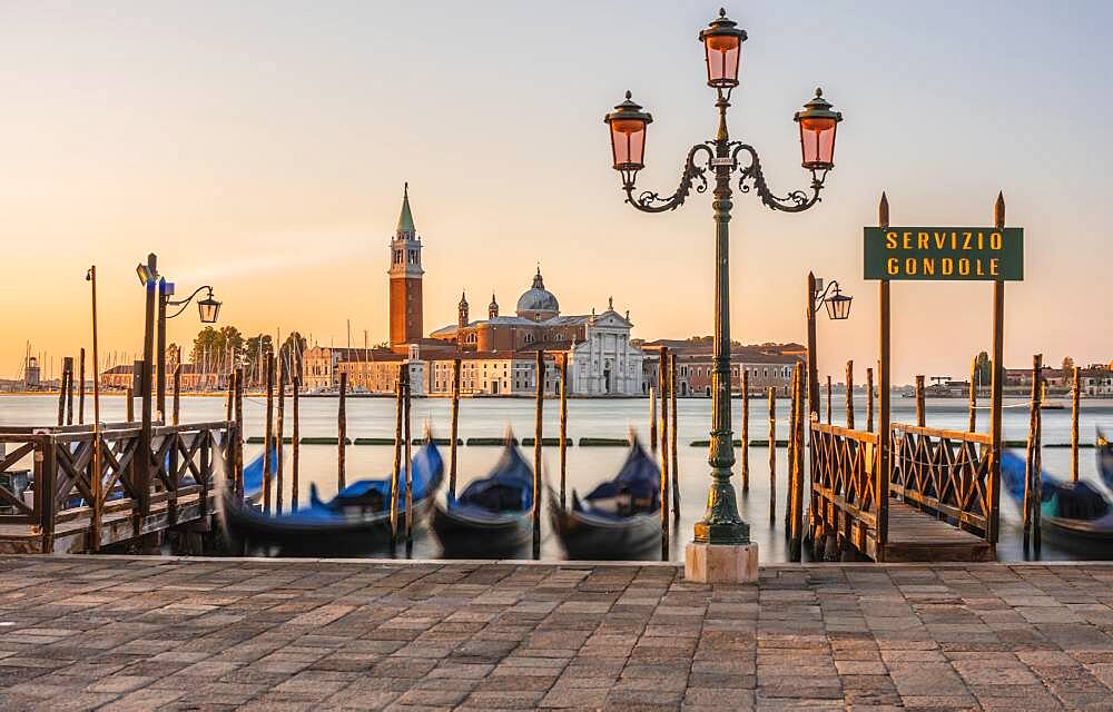 Venetian gondolas, behind church San Giorgio Maggiore, long exposure, dawn, Venice, Veneto, Italy, Europe