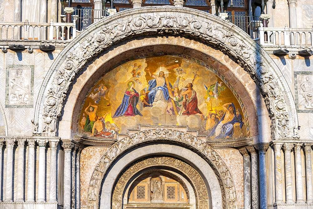 Entrance to St. Mark's Basilica, Basilica di San Marco, Cathedral with gilded interior vault, St. Mark's Square, Venice, Veneto, Italy, Europe