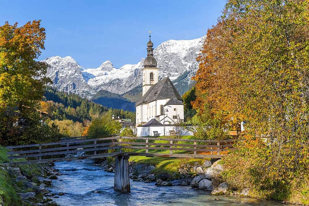 Parish church St. Sebastian with Ramsauer Ache, Ramsau, Berchtesgaden area, Bavaria, Germany, Europe