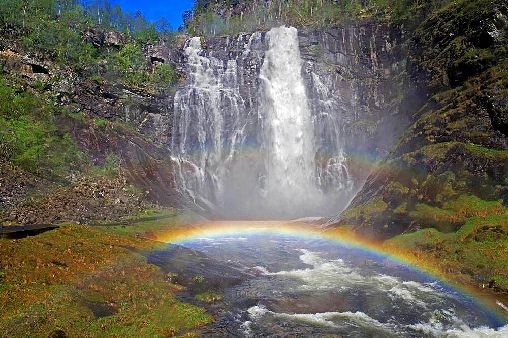 Rainbow in front of waterfall, Skjervefossen, Voss, Scandinavia, Norway, Europe