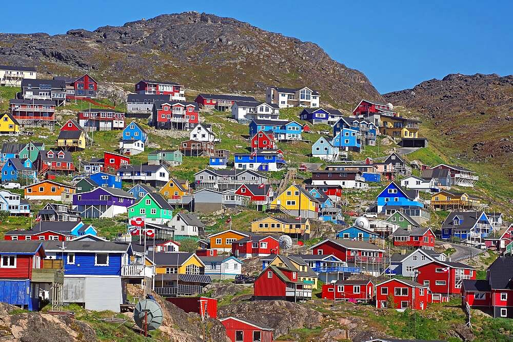 Wooden houses in different bright colours, Qaqortoq, Kujalleq, Greenland, Denmark, North America