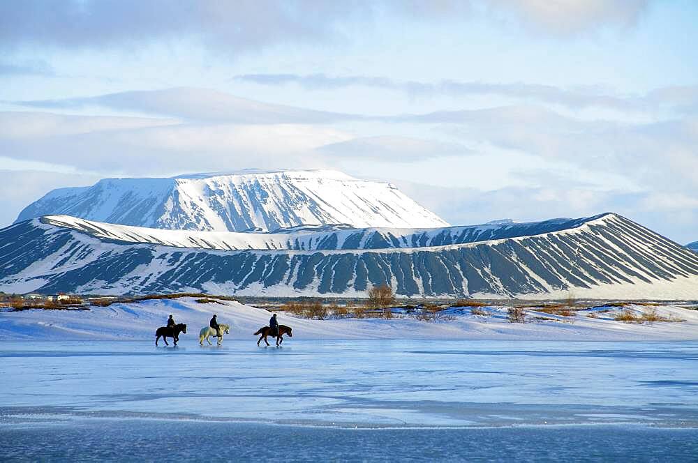 Riders in front of on partly frozen lake Myvatn, volcanoes, Ludent, Hverfjall, Myvatn, Iceland, Europe