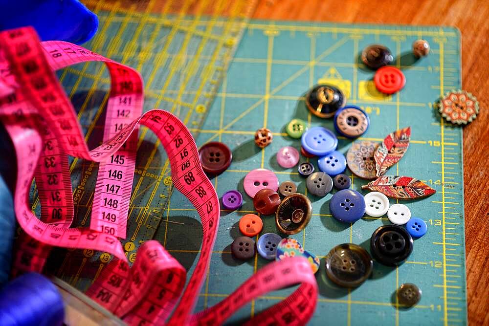 Tailor's workshop, thread, scissors, buttons, tape measure, Germany, Europe