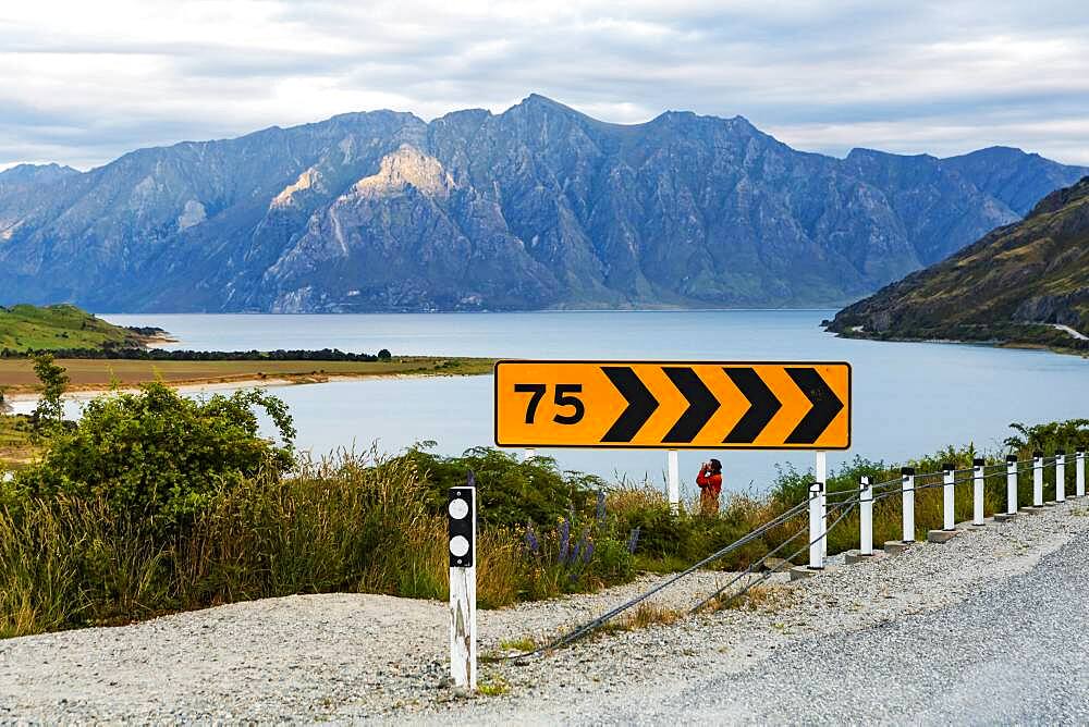 Guy with camera, Lake Hawea, Otago Region, Queenstown-Lakes District, South Island, New Zealand, Oceania