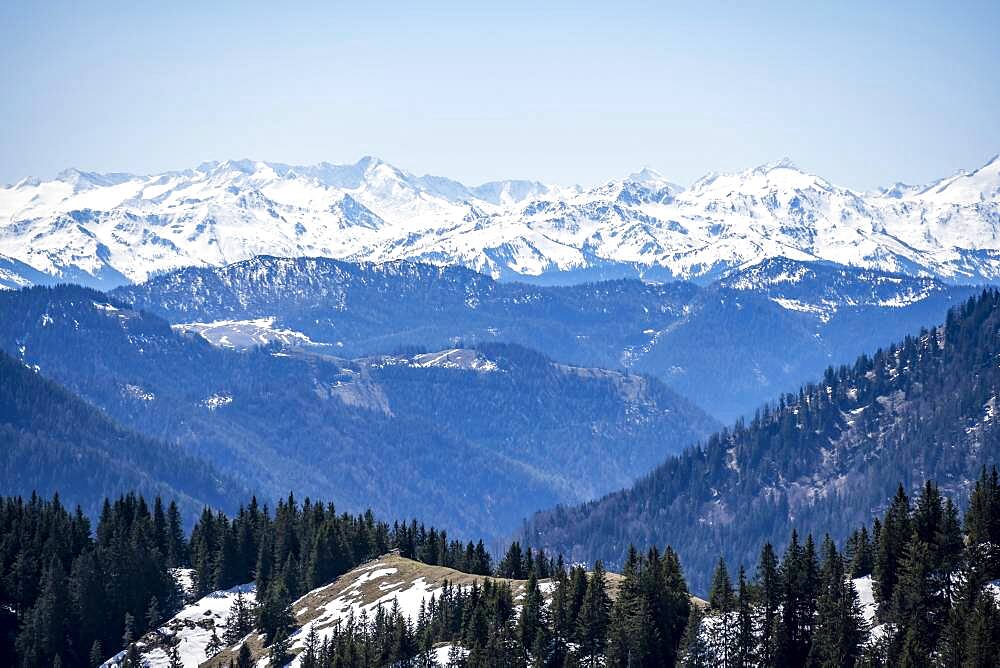 Snowy mountains, view from Breitenstein, Fischbachau, Bavaria, Germany, Europe