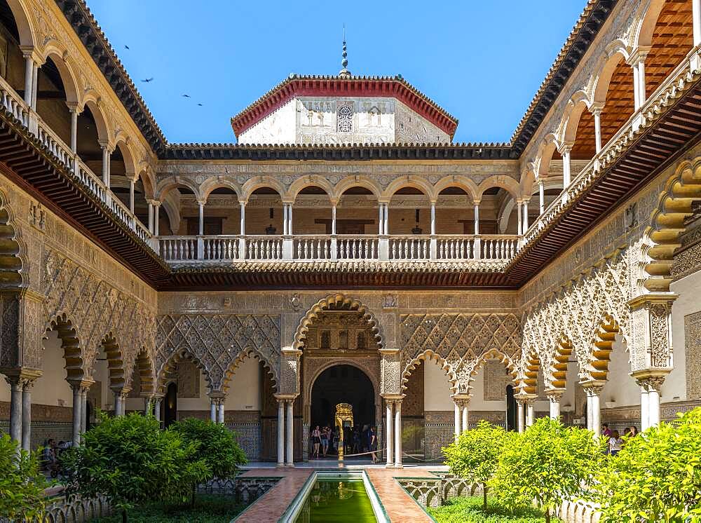 Patio de las Doncellas, Court of the Virgins, Italian Renaissance courtyard with stucco arabesques in Mudejares style, Royal Palace of Seville, Real Alcazar de Sevilla, Seville, Spain, Europe