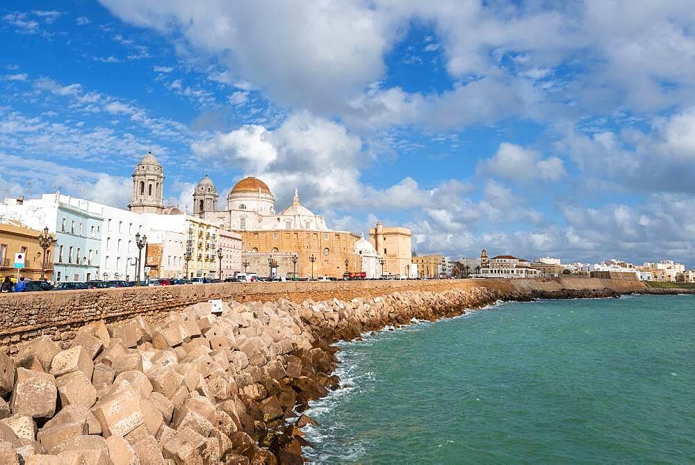 View of the dome and spires of Cadiz Cathedral, Cathedral of the Holy Cross over the sea, waterfront, Cadiz, Andalucia, Spain, Europe