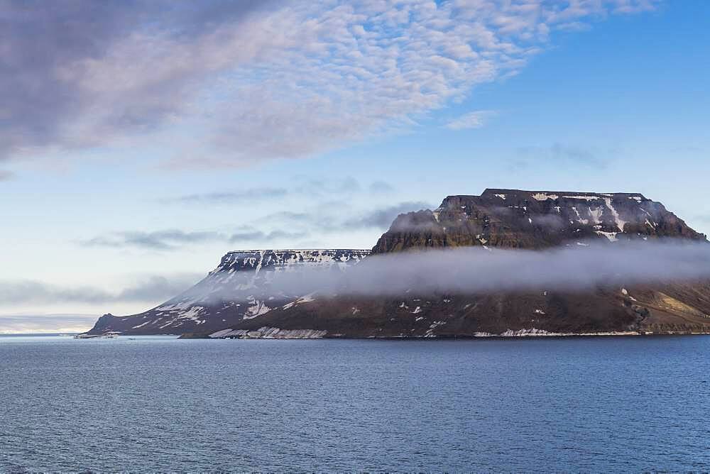 Flat table mountains covered with ice, Franz Josef Land archipelago, Russia, Europe