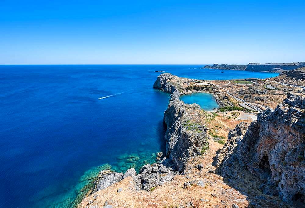 Rocky coast and Paulus Bay, view from the Acropolis, Lindos, Rhodes, Doedekanes, Greece, Europe