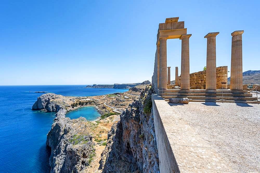 Roman columns, Roman temple, Acropolis of Lindos, back Paulus Bay, Lindos, Rhodes, Dodecanese, Greece, Europe