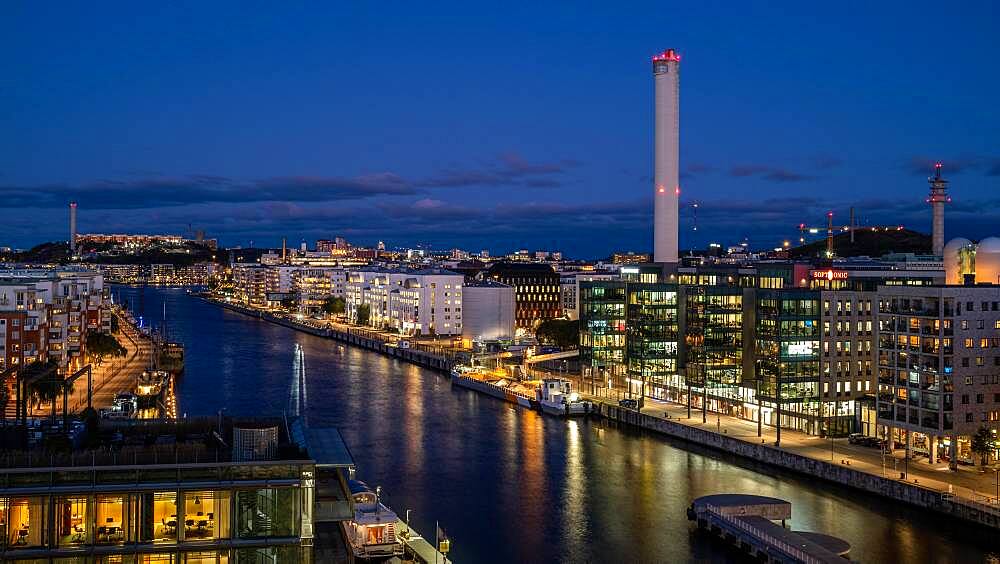 Hammarbyverket heating plant in Martensdal at night, Sodra Hammarbyhamnen, Stockholm