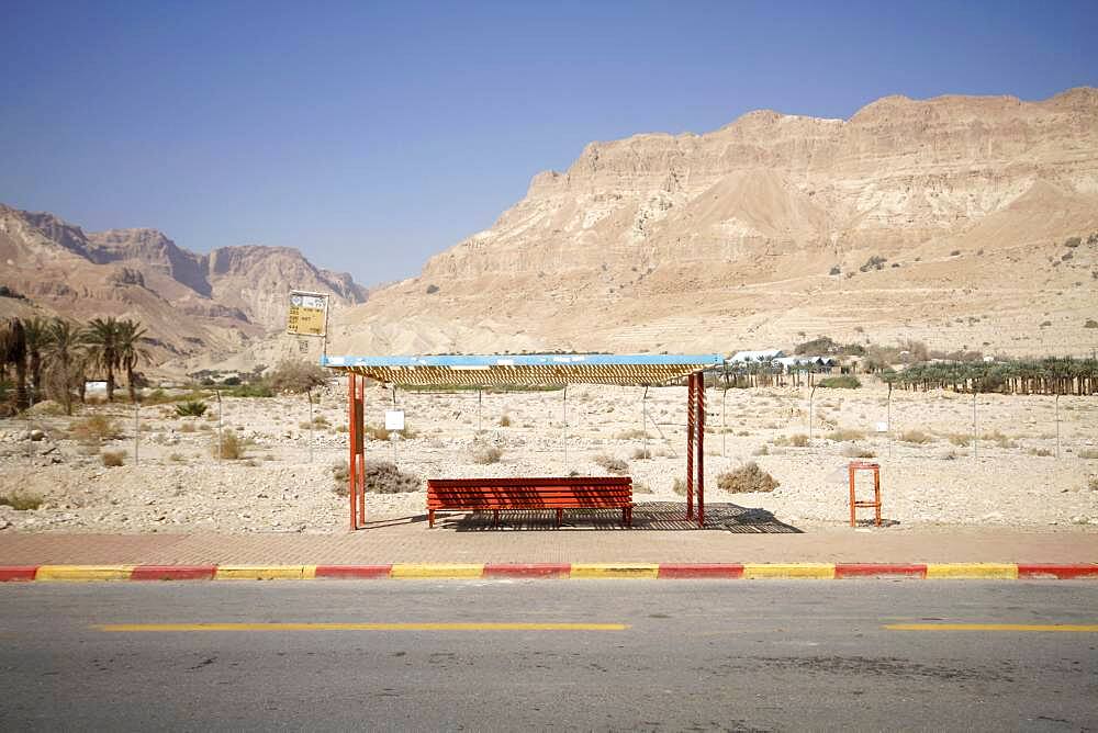 Abandoned bus stop by the dead sea on the road to En Gedi, Negev desert, Israel, Asia