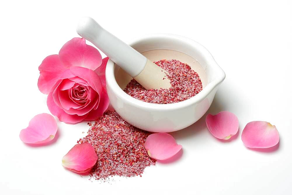 Rose salt in grating bowl, rose petal salt, Germany, Europe