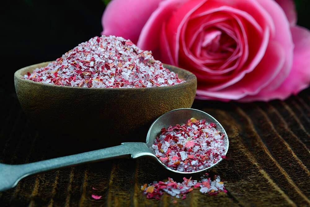 Rose salt in bowl and spoon, rose petal salt, Germany, Europe