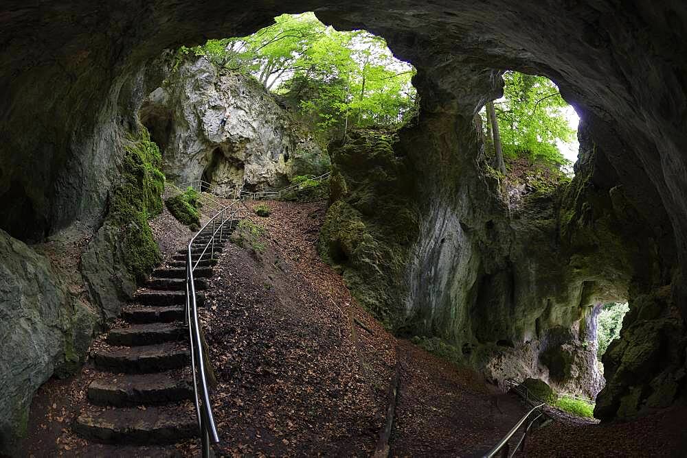 Riesenburg cave, natural karst cave ruin of Frankendolomite, geotope, natural monument, in the back climber at rock face, near Engelhardsberg, district of Markt Wiesenttal, Upper Franconia, Franconian Switzerland, Franconia, Bavaria, Germany, Europe