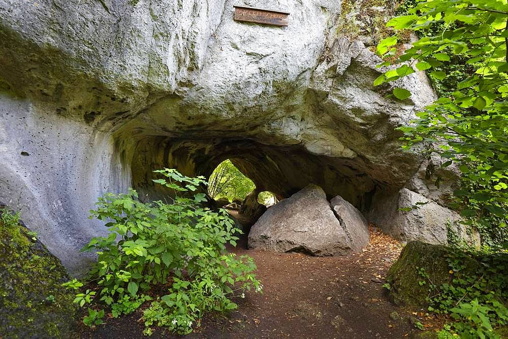 Entrance Quackenschloss, passage cave, karst cave, geotope, natural monument, near Engelhardsberg, district of Markt Wiesenttal, Upper Franconia, Franconian Switzerland, Franconia, Bavaria, Germany, Europe