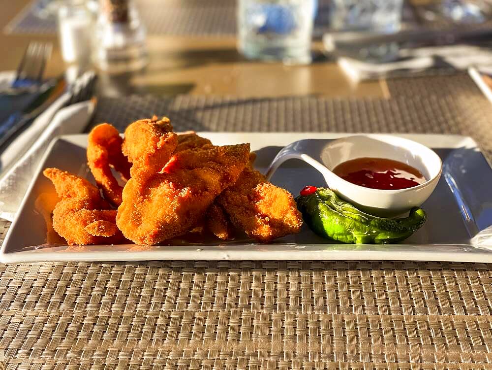 Fried chicken wings with sweet and sour sauce, Port Andratx, Majorca, Spain, Europe