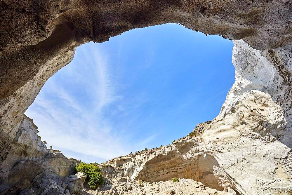 Cauldron-like rock walls of the collapsed cave Sykia, Milos, Cyclades, Greece, Europe