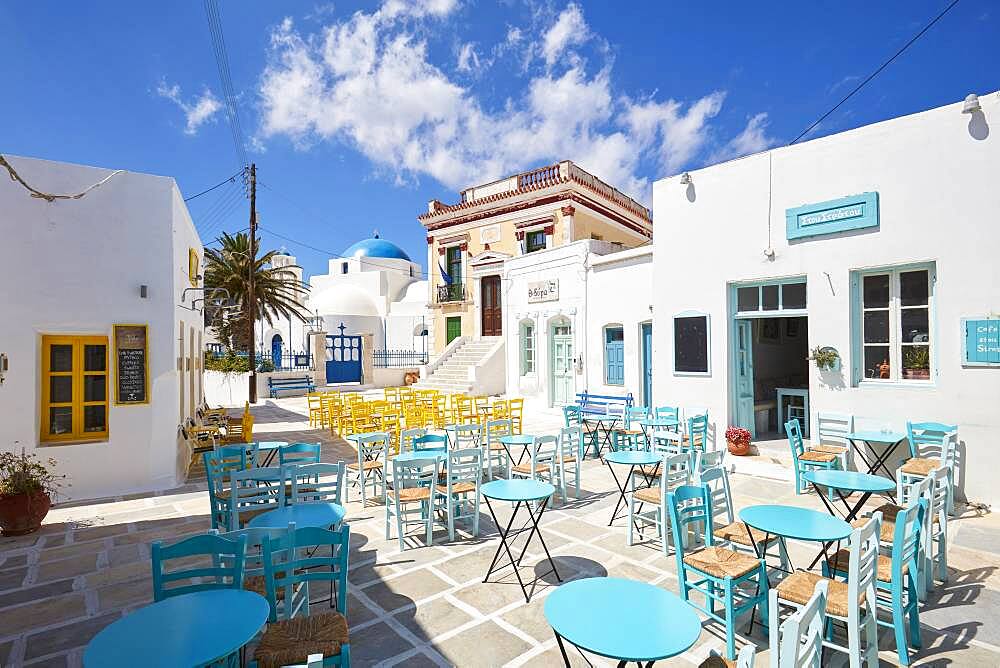 Seating in the village square in the Plaka of Serifos, Cyclades, Greece, Europe