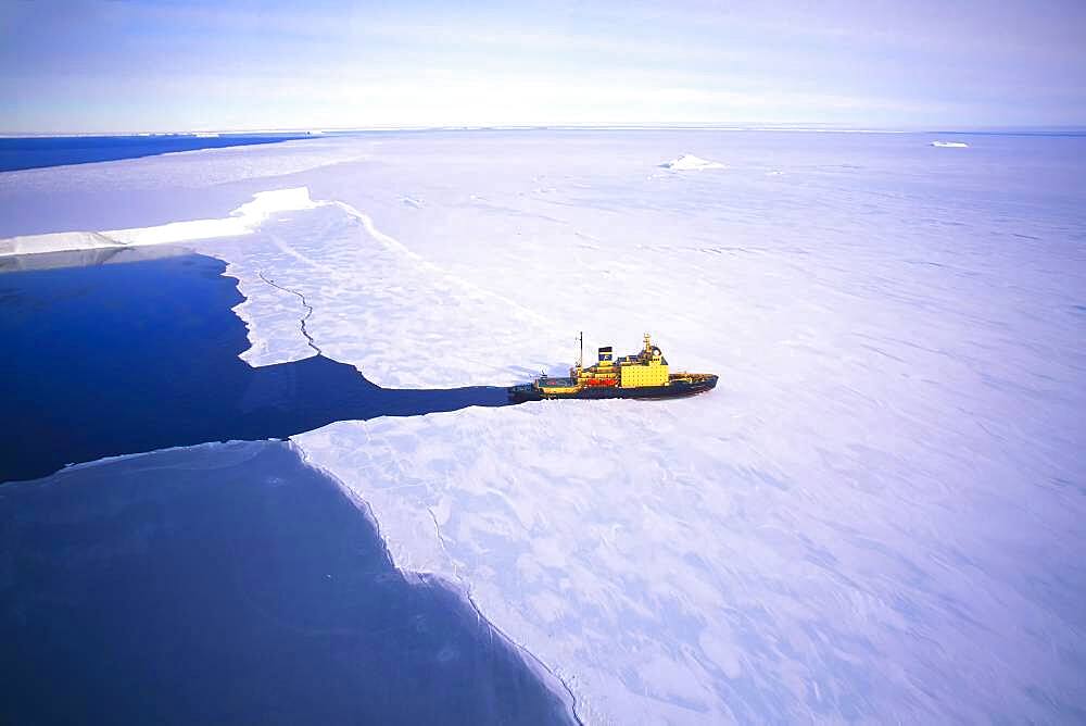 Russian Icebreaker Kapitan Khlebnikov making its way in the frozen sea near Atka Iceport or Atka Bay, Weddell Sea, Antarctica