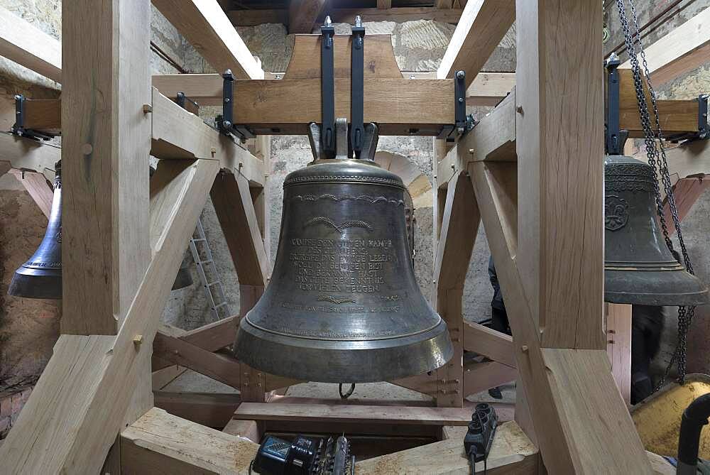 Three new bells hang in the new belfry, St. Johanniskirche, Neunhof/Lauf, Middle Franconia, Bavaria, Germany, Europe