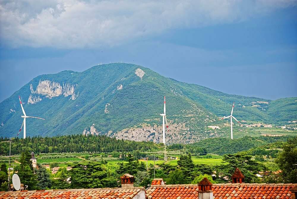 Wind turbines near Affi south-east of Lake Garda, Affi, Veneto, Italy, Europe