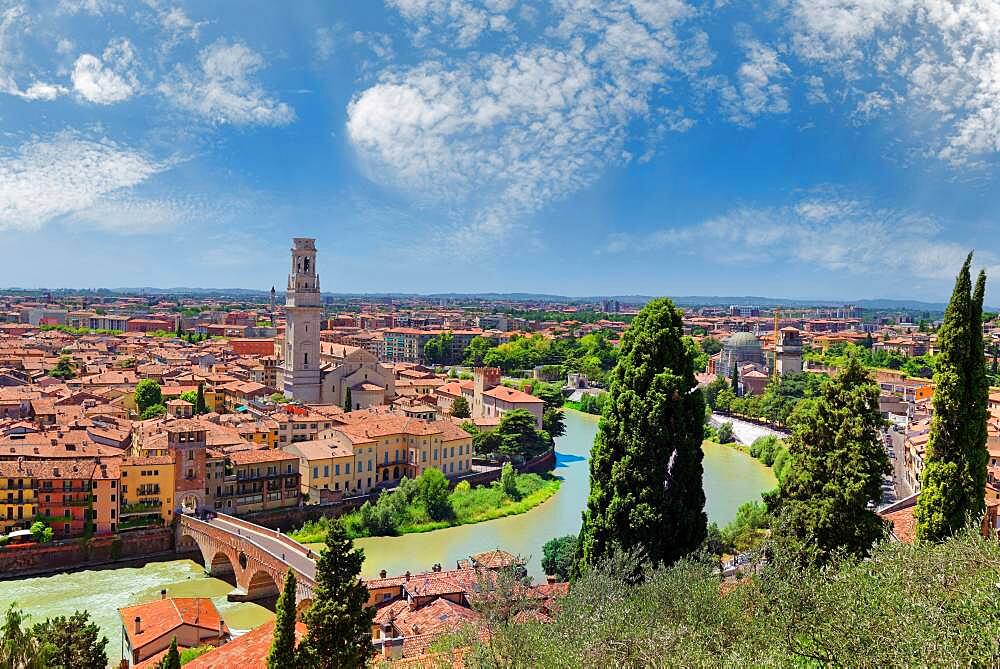 City view Verona with the stone bridge Ponte Pietra and the river Adige, Castel San Pietro, Verona, Veneto, Italy, Europe