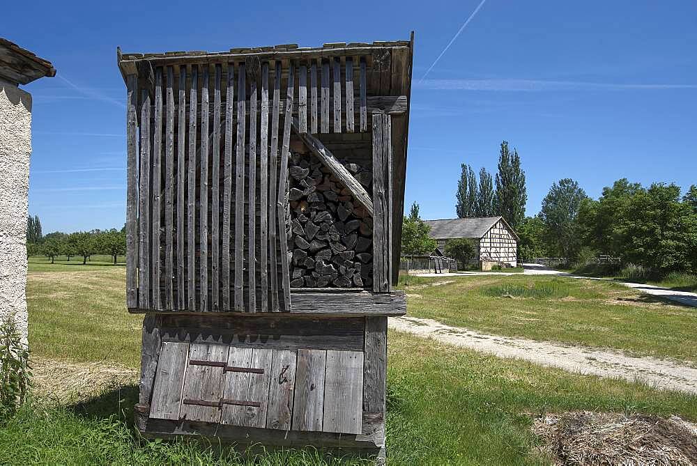 Wooden box for storing firewood, Franconian Open Air Museum, Bad Windsheim, Middle Franconia, Bavaria, Germany, Europe